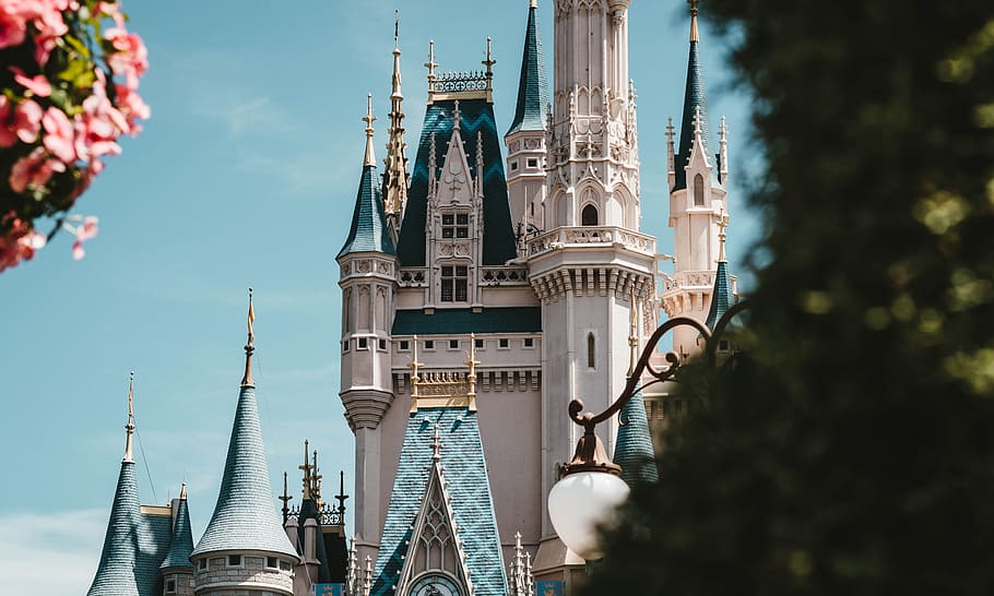 white and blue castle, building, sky, tower, architecture, fairy tale HD wallpaper