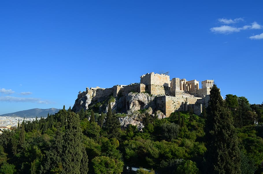 athens, greece, acropolis, sky, tree, plant, blue, nature, architecture HD wallpaper
