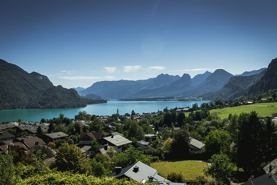 austria, landscape, mountains, lake, clouds, heaven, tourism HD wallpaper
