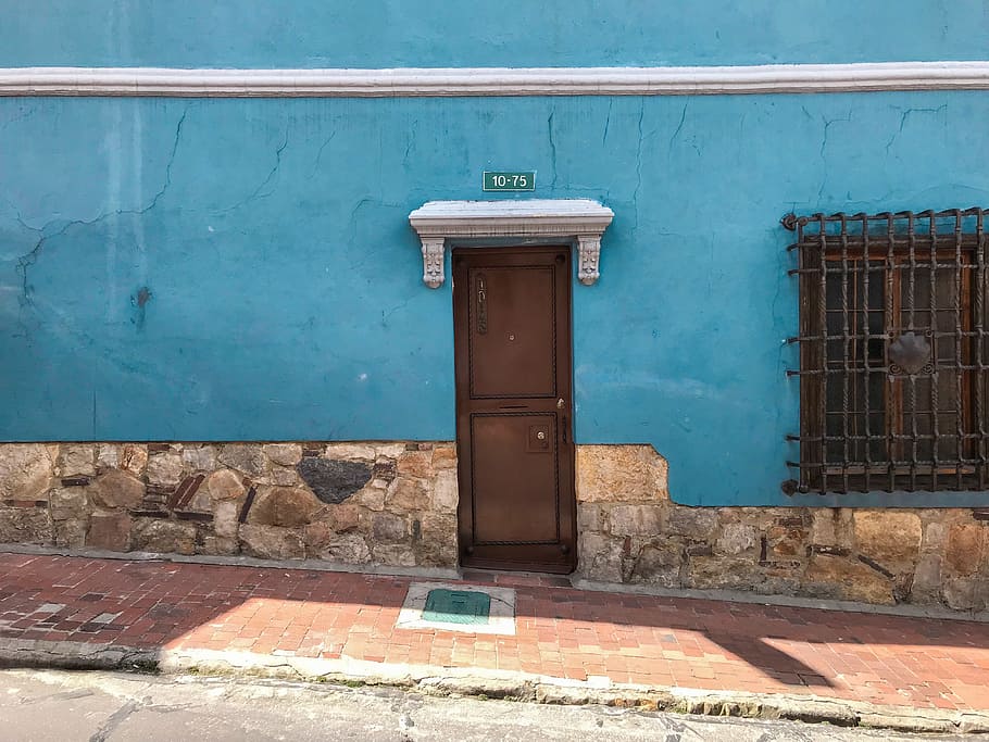Brown Wooden Shut Door Beside Empty Sidewalk, architecture, blue HD wallpaper