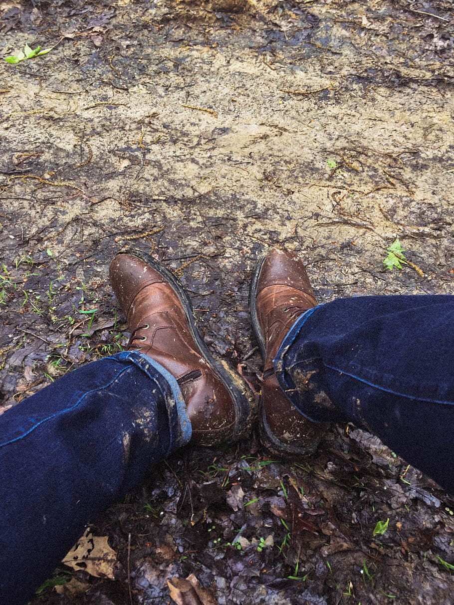 boots, mud, hiking, low section, human leg, shoe, personal perspective HD wallpaper