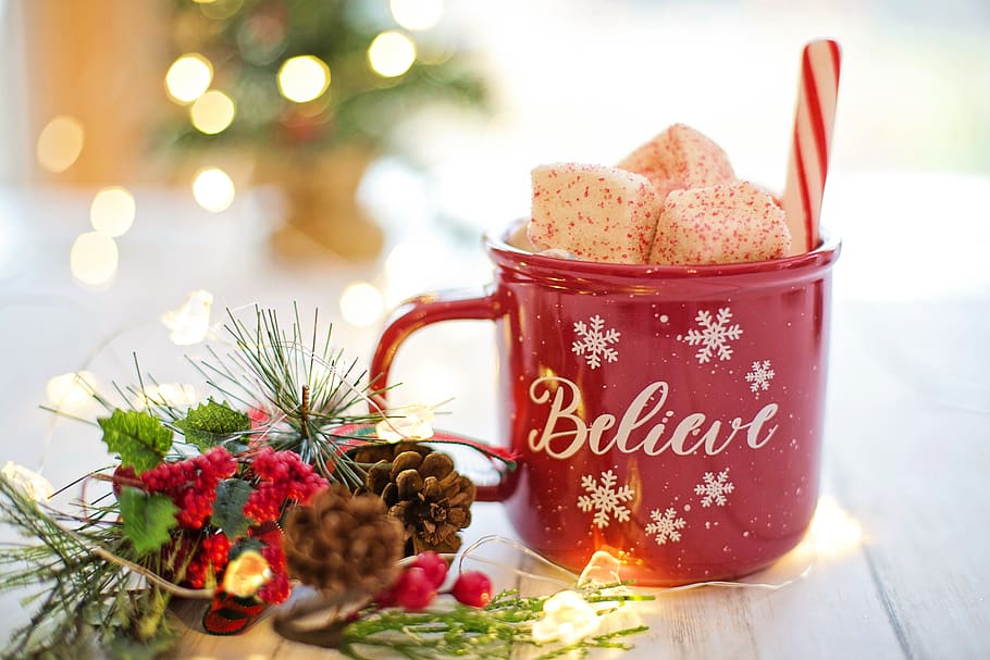 christmas, hot chocolate, cocoa, believe, drink, mug, cozy