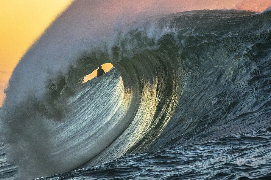 person surfing on waves, beauty in nature, water, sea, power in nature HD wallpaper