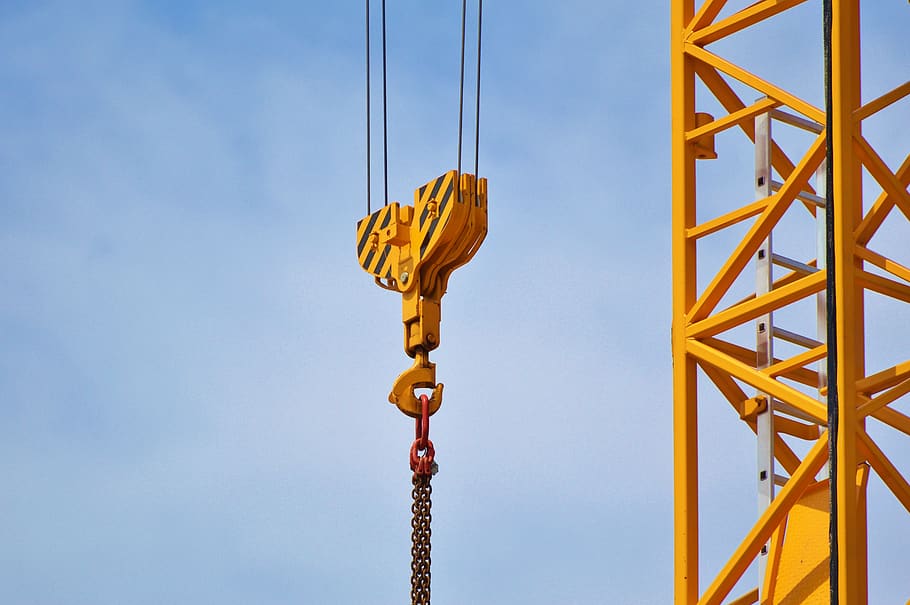 Yellow Crane, blue sky, cables, chain, construction machinery HD wallpaper