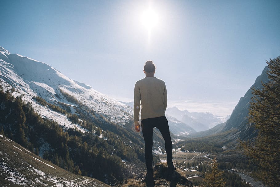mountains, alps, man, guy, portrait, adventure, pines, trees HD wallpaper