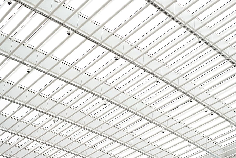 lamps on metal framed roof, ceiling, camera, pattern, grid, clean HD wallpaper