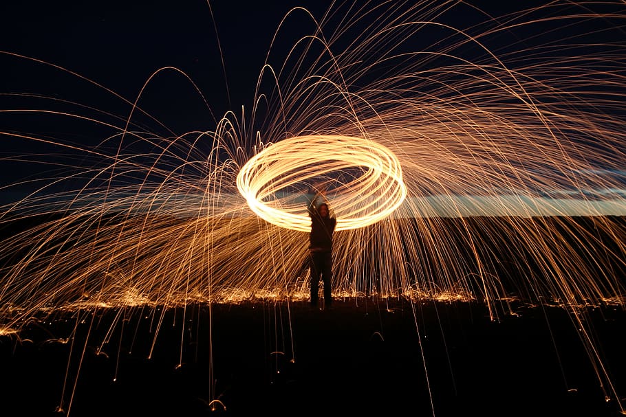 person doing flare tricks, night, fireworks, outdoors, canada HD wallpaper