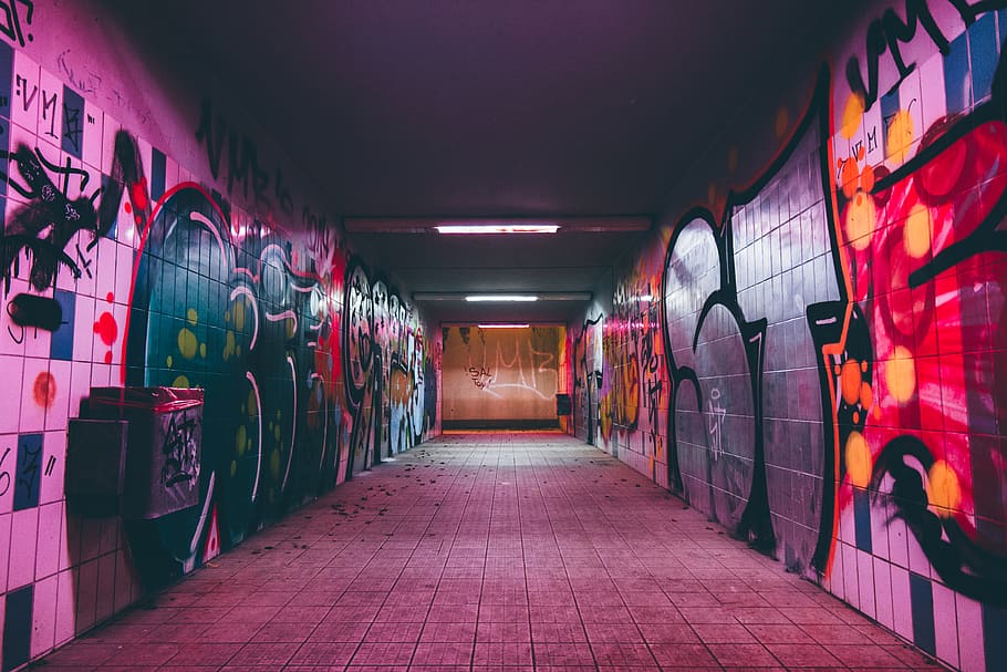 empty tunnel pathway with graffiti walls, direction, the way forward HD wallpaper
