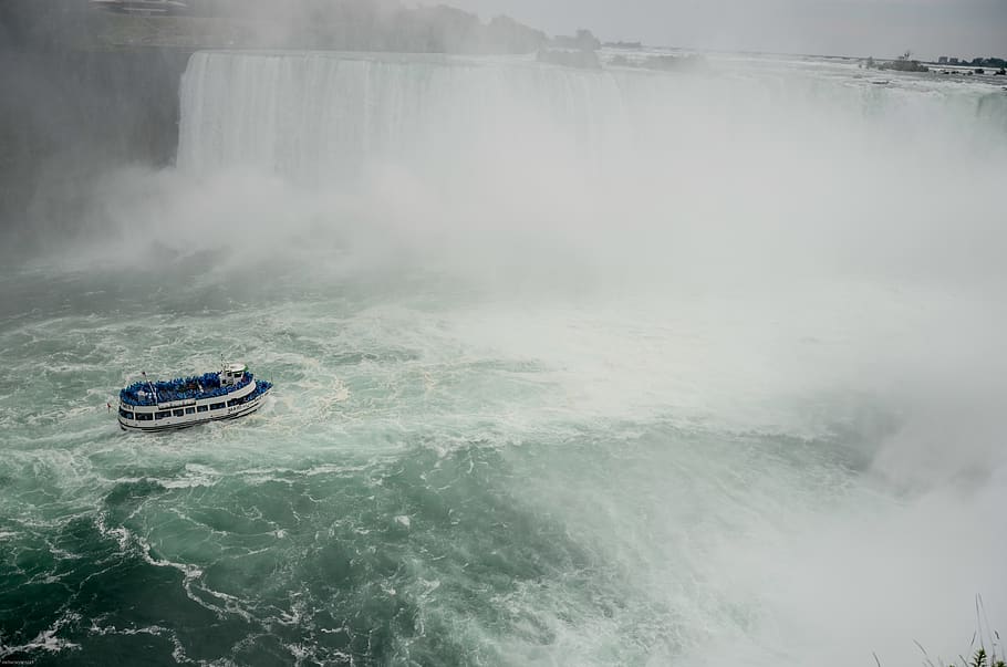 boat near water falls, transportation, vehicle, nature, outdoors, HD wallpaper