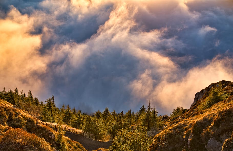 landscape, cloud, fog, sunset, mountain, evening, countryside HD wallpaper