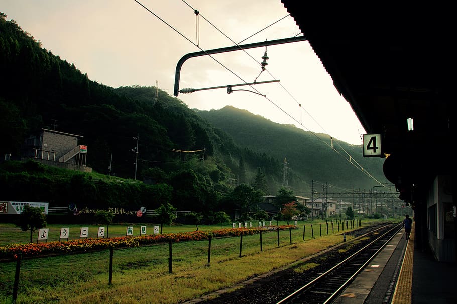 train, station, mountain, country side, japan, rail transportation, HD wallpaper