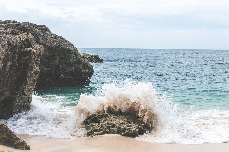 Sea Wave, beach, daylight, ocean, rocks, sand, seashore, splash HD wallpaper
