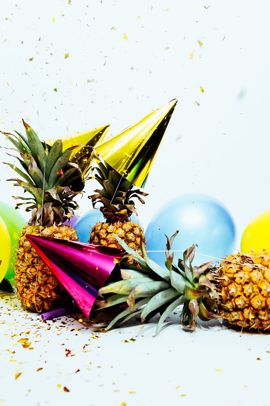 Three Pineapples With Gold Party Hats, balloons, birthday, celebrate