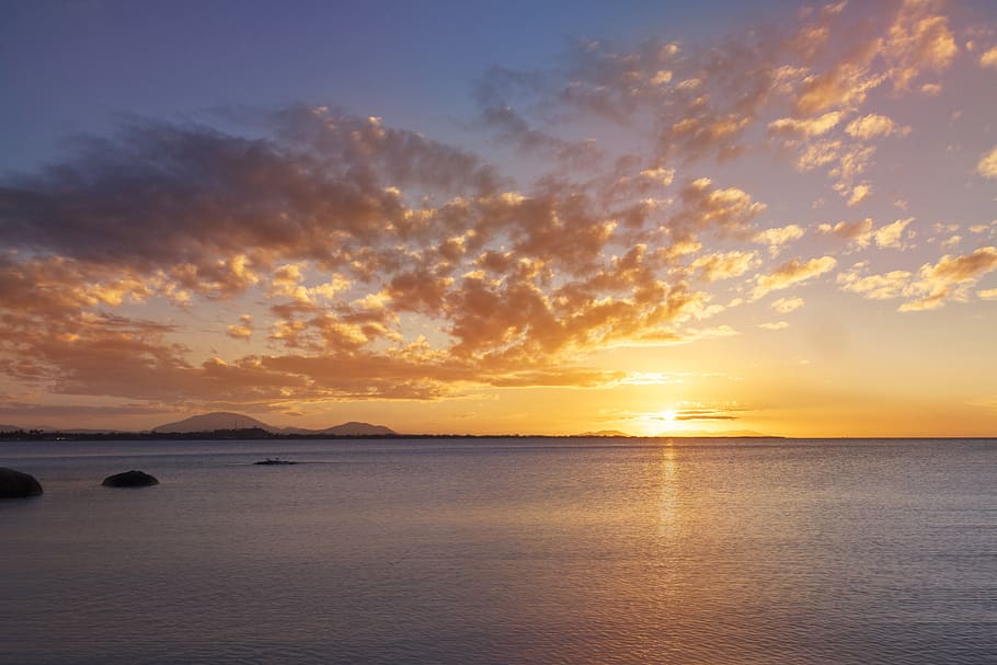 sunset, ocean, sea, sky, water, evening, clouds, mood, reflection HD wallpaper