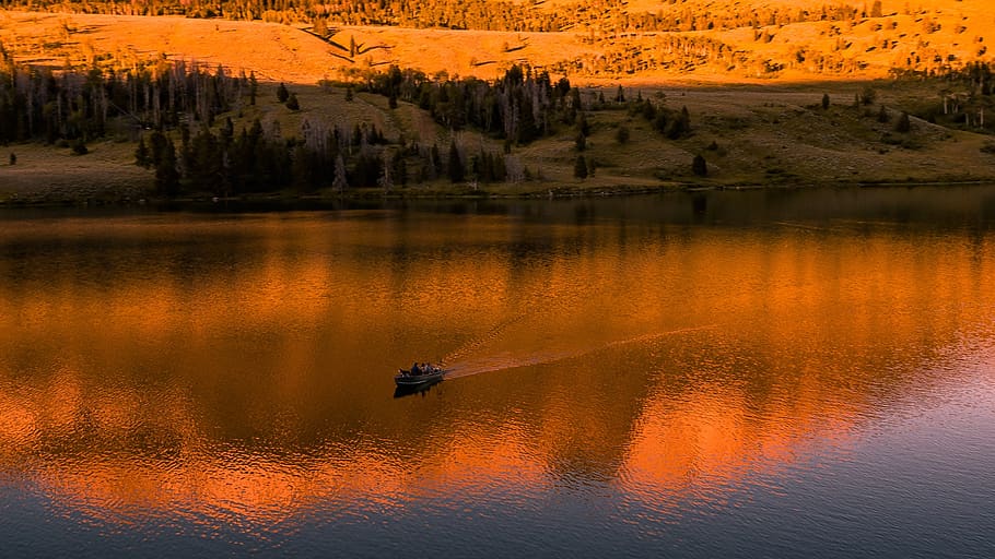 sunset, lake, boat, reflection, landscape, scenic, nature, pattiz HD wallpaper