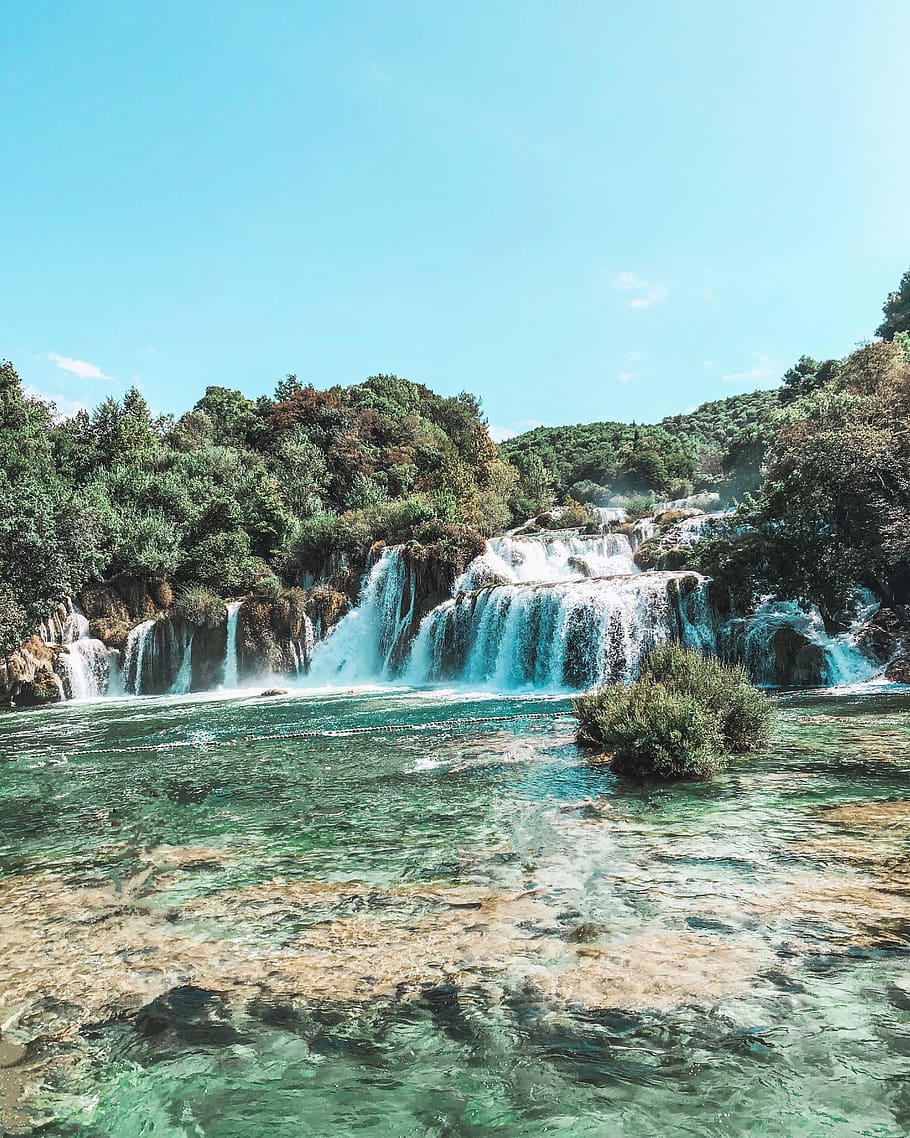 Waterfalls and Trees, beautiful, cascade, environment, flow, landscape HD wallpaper