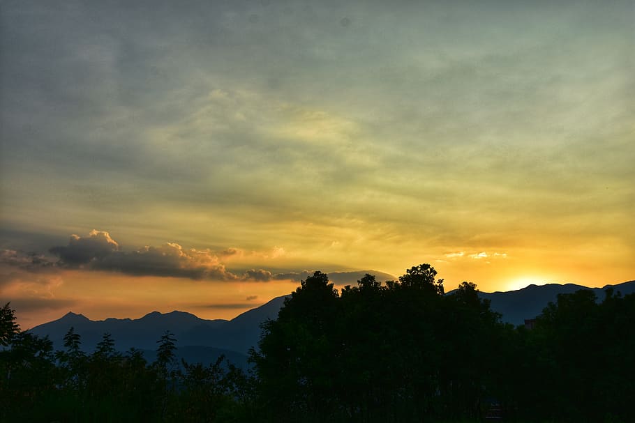 sunset, golden yellow, sky, tree, mountain, silhouette, asaka HD wallpaper