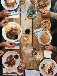 Assorted-variety of Foods on Plates on Dining Table, caffeine HD wallpaper
