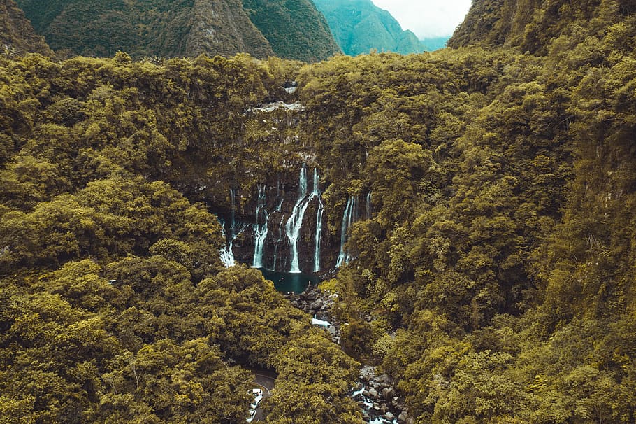 Hd Wallpaper Waterfalls Surrounded By Trees During Daytime Nature