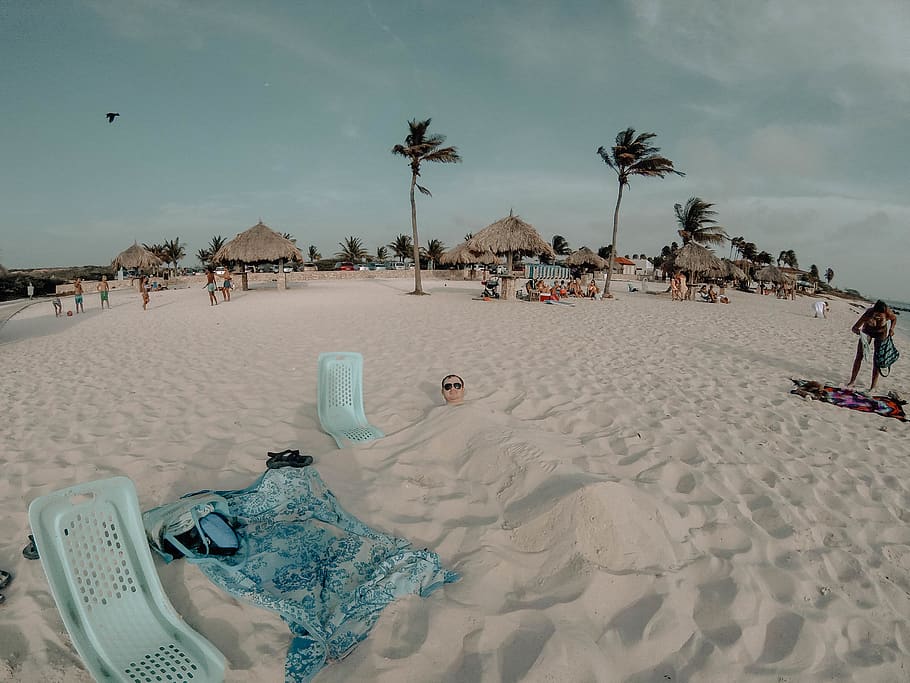 man, boy, palm trees, sand, beach, summer, aruba, land, sky HD wallpaper