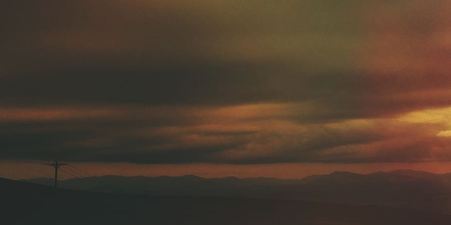 sky, clouds, moody sky, orange, hilltops, vista, landscape HD wallpaper