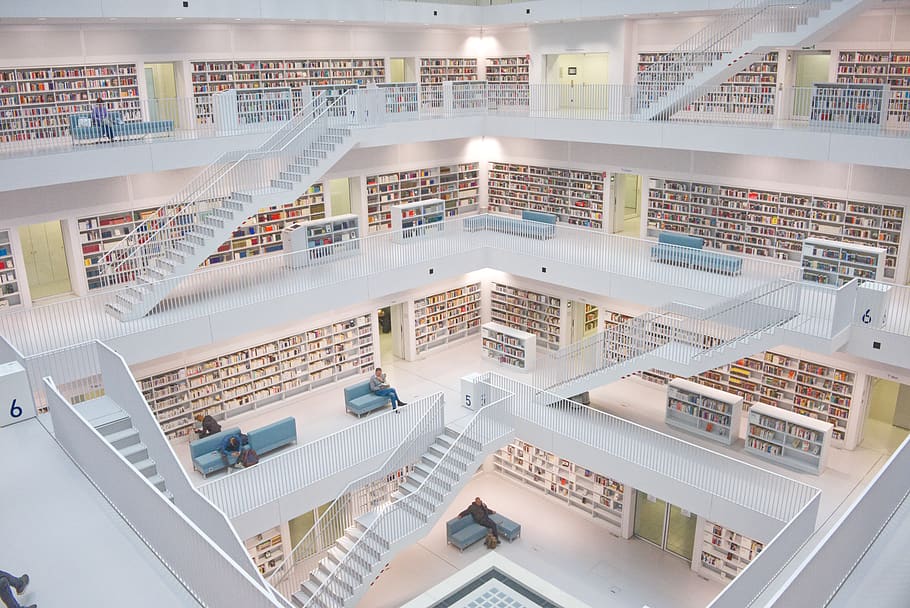 four floors building with stairs, indoors, library, book, shop