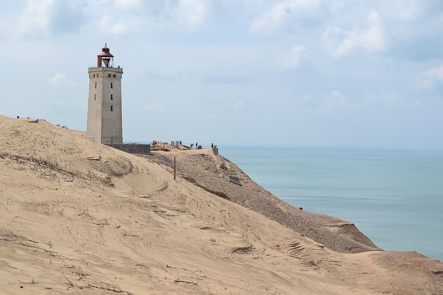 lighthouse, denmark, dune, sky, sea, architecture, built structure HD wallpaper
