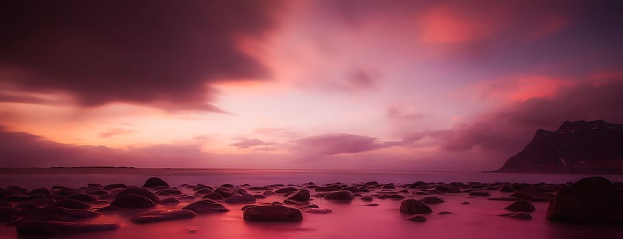 norway, sunset, dusk, sky, clouds, panorama, beautiful, sea HD wallpaper