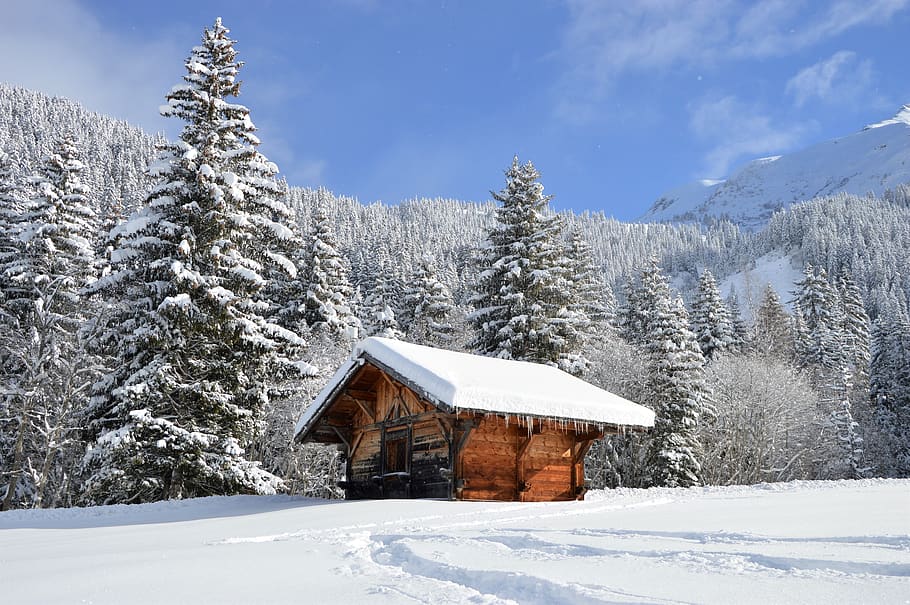france, megève, cold, winter, white, hut, snow, ice, sunny, HD wallpaper