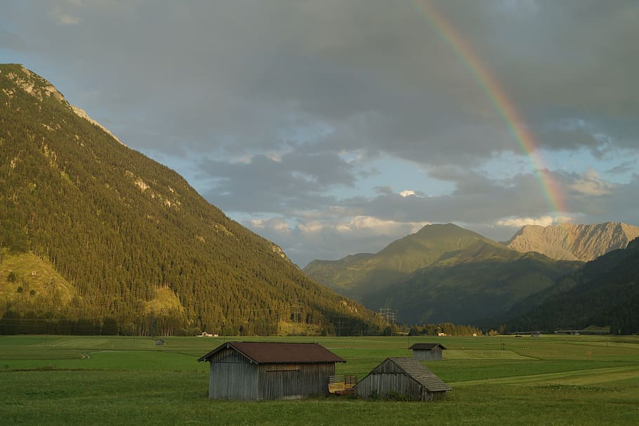 rainbow, mountain, clouds, meadow, landscape, nature, sky, panorama HD wallpaper