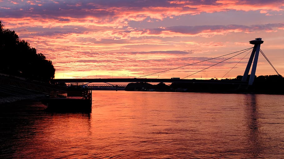 slovakia, bratislava, clouds, dawn, bridge, early, daylight HD wallpaper