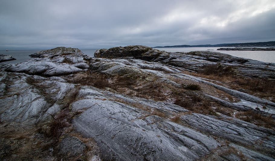 Gray and Brown Rock Formation, beach, clouds, colors, daylight HD wallpaper