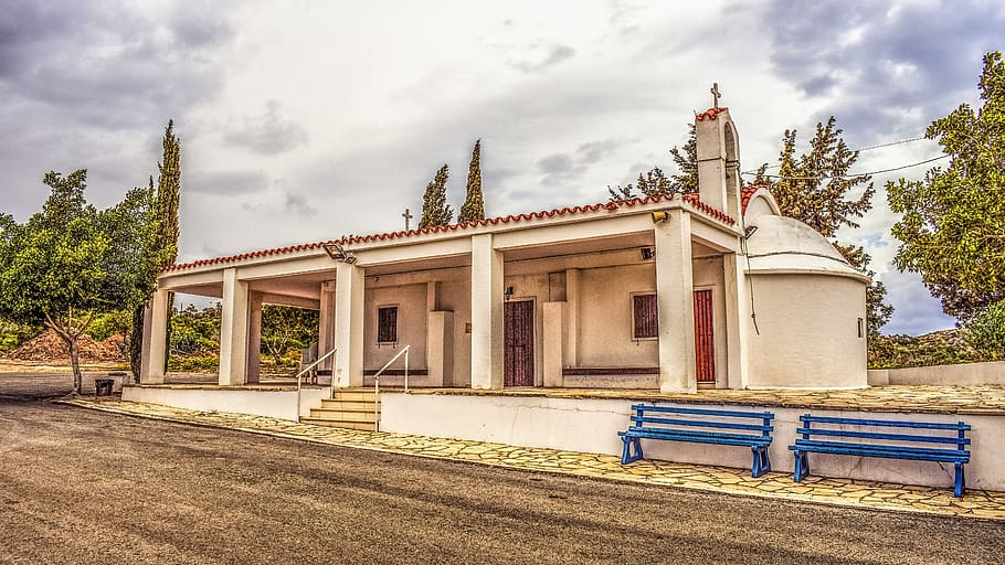 House, abandoned, architecture, benches, building, church, classic HD wallpaper