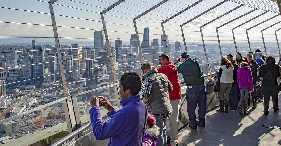 space needle, seattle, washington, skyline, people, group of people HD wallpaper