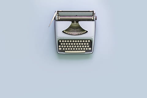 Light Blue Typewriter Photo, Flatlay, Keyboard, Contact us, studio shot HD wallpaper