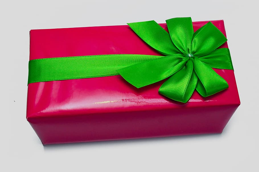 pink, packaging, box, wrapping, green bow, design, background HD wallpaper