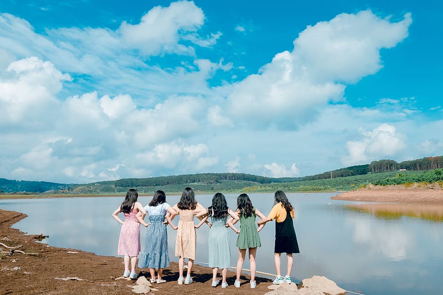 Group of Girls Standing Beside River, blue sky, clouds, daylight HD wallpaper