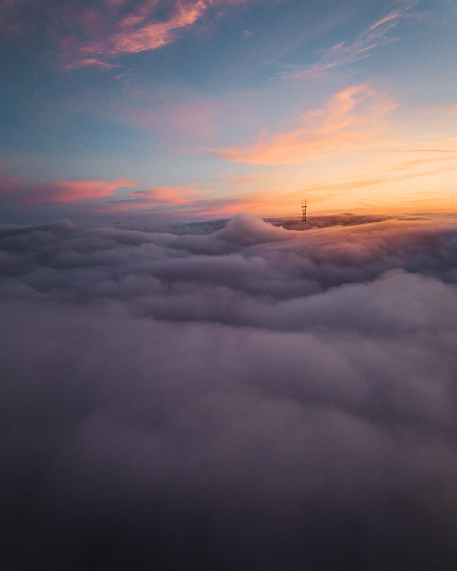 sea of cloud, aerial, sunset, sunrise, peak, summit, tech, communication HD wallpaper