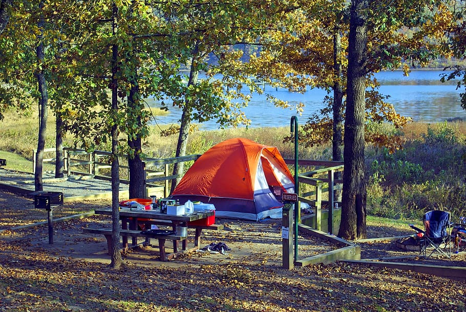 tent at woolly hollow, camping, lake, state park, arkansas, HD wallpaper