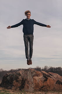 jump, levitate, man, model, rock, one person, full length, young men HD wallpaper