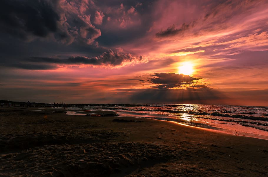 sea, sunset, sky, clouds, in the evening, twilight, nature HD wallpaper