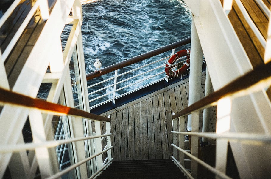 boat, ship, water, waves, wood, deck, steps, stairs, railing HD wallpaper