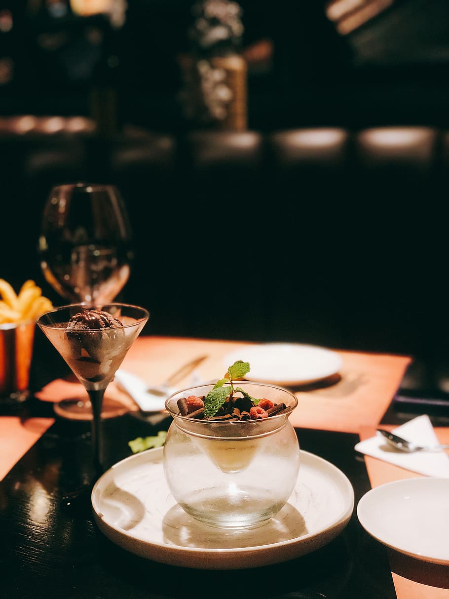 Cocktail Glass Beside Plate With Cup, bar, celebration, dark HD wallpaper