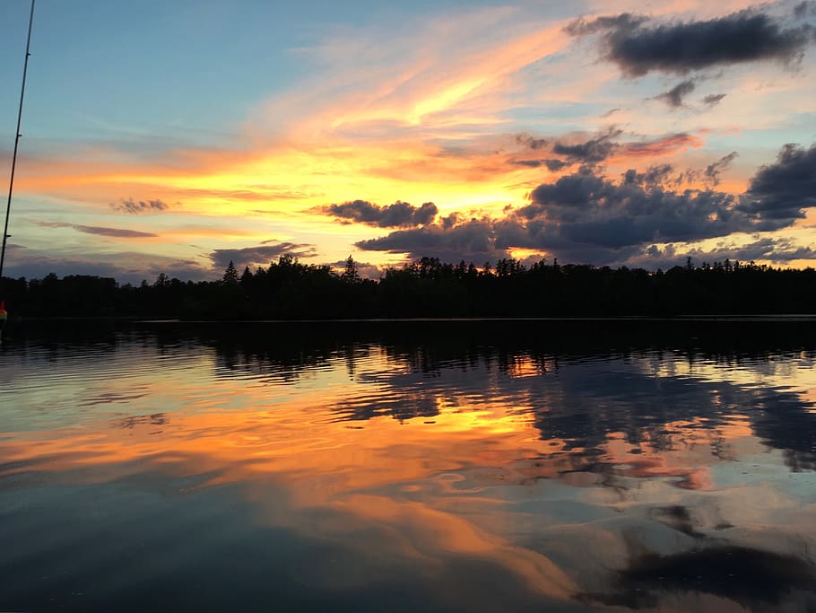 trees, lake, forest, sunset, north, minnesota, reflection, sky HD wallpaper