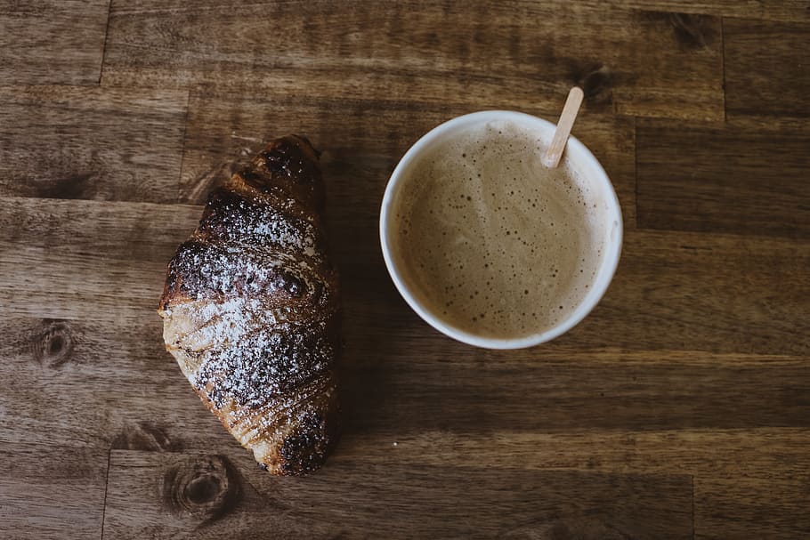 croissant and beverage, cup, bread, food, drink, coffee cup, grey HD wallpaper