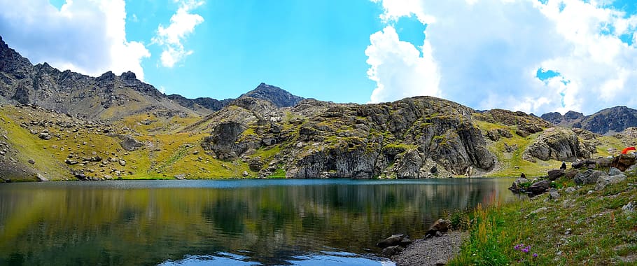 Body of Water Near Mountain, beautiful, blue, clouds, daylight HD wallpaper