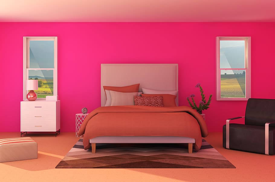 interior, bed, pink, wall, furniture, decoration, sofa, rug HD wallpaper