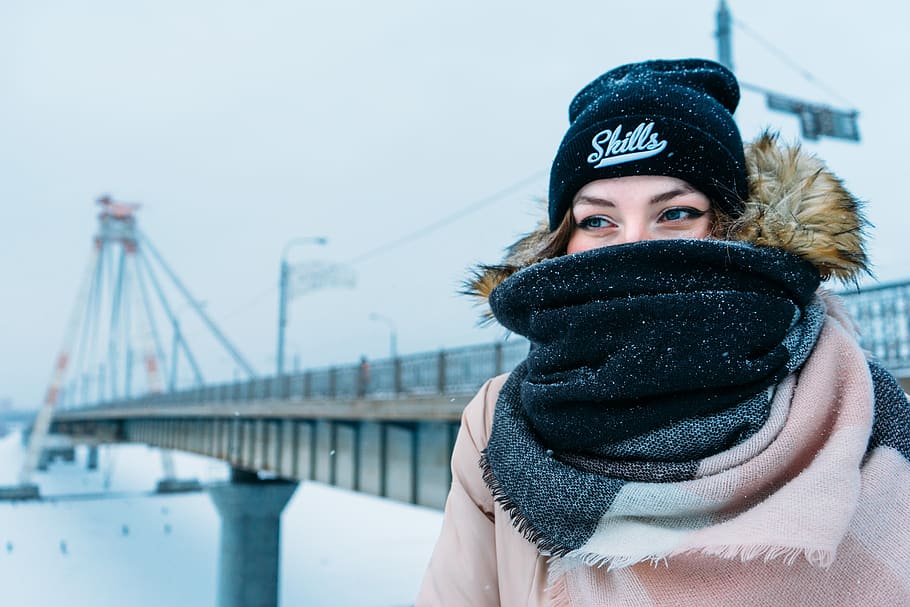 portrait, bridge, winter, snow, eye, woman, girl, one person HD wallpaper
