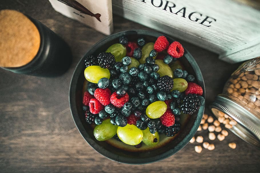 assorted fruits on gray metal bowl, kitchen, cherry, grape, fruitbowl HD wallpaper