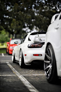 three white and red vehicles under trees, alloy wheel, spoke HD wallpaper